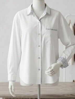 Talbots White Button Down Long Sleeve Shirt with Blue Speckle/Floral Trim (Sz L)
